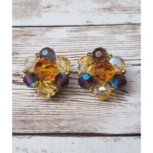 Vintage Clip On Earrings Amber Tone & Dark Iridescent Cluster